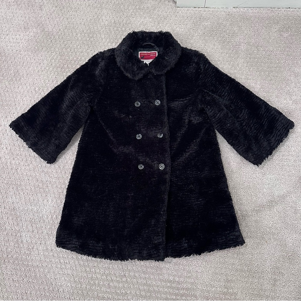 Janie and Jack Girls Black Faux Fur Coat 4T 5T Double Breasted Winter Jacket